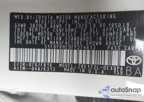 2015 Toyota Corolla Le Eco z USA, uszkodzony, nr VIN 5YFBPRHE9FP274613